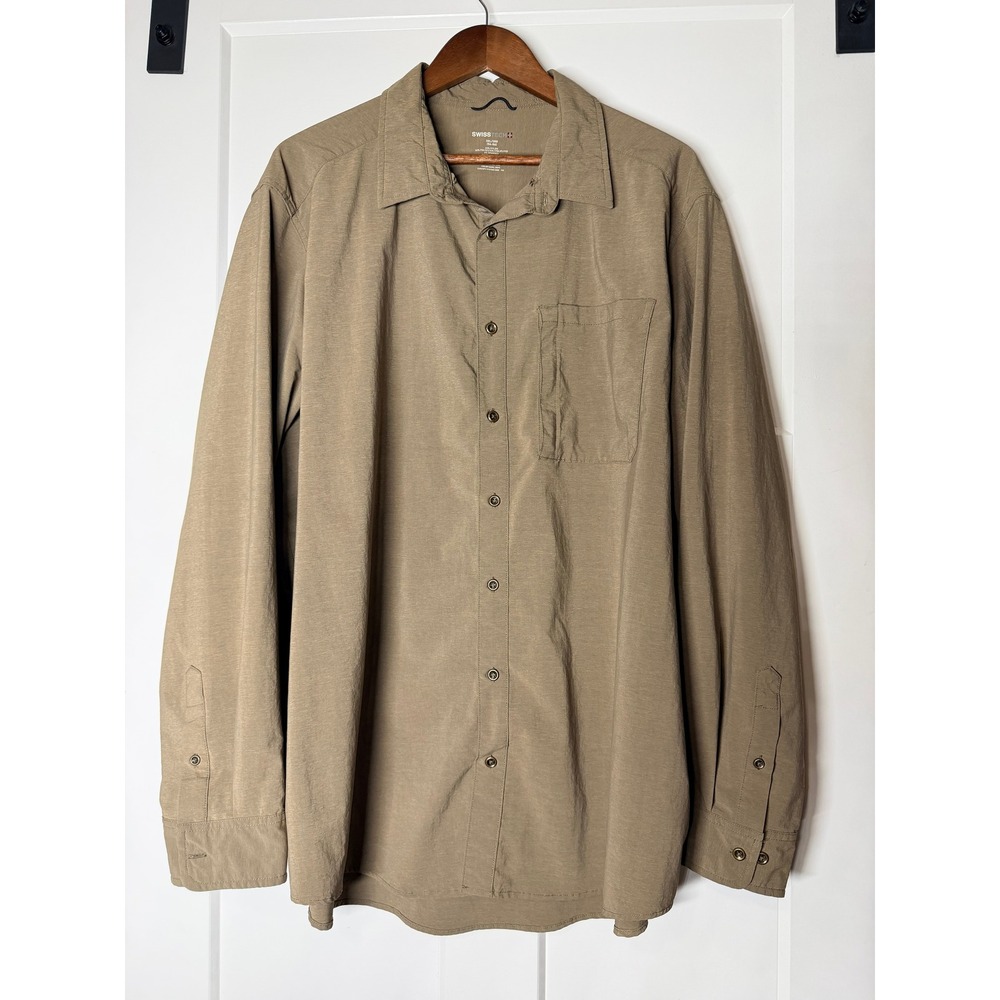 Swiss Tech Button Down Shirt Mens 3XL Dove Tan Stretch Hiking SM48Y120B